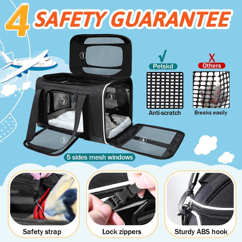 Petskd Top-Expandable Pet Carrier 17x12x8.5 Inches JetBlue Allegiant Spirit Airline Approved, Soft-Sided Carrier for Small Cats and Dogs with Locking Safety Zippers and Anti-Scratch Mesh(Black) - Image 5