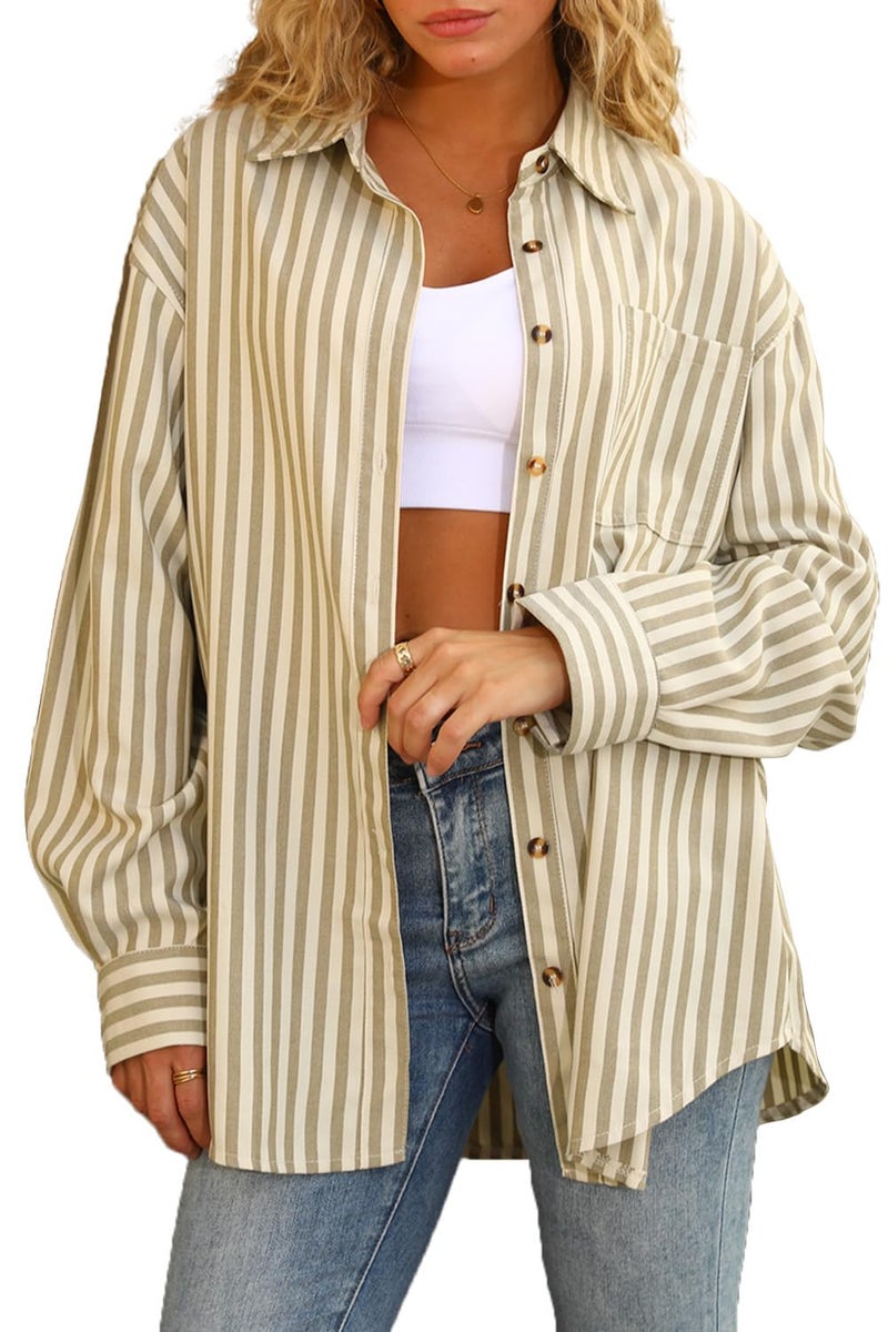 CHYRII Womens Striped Button Down Shirt Casual Long Sleeve Blouse Top Olive Green S - Image 1
