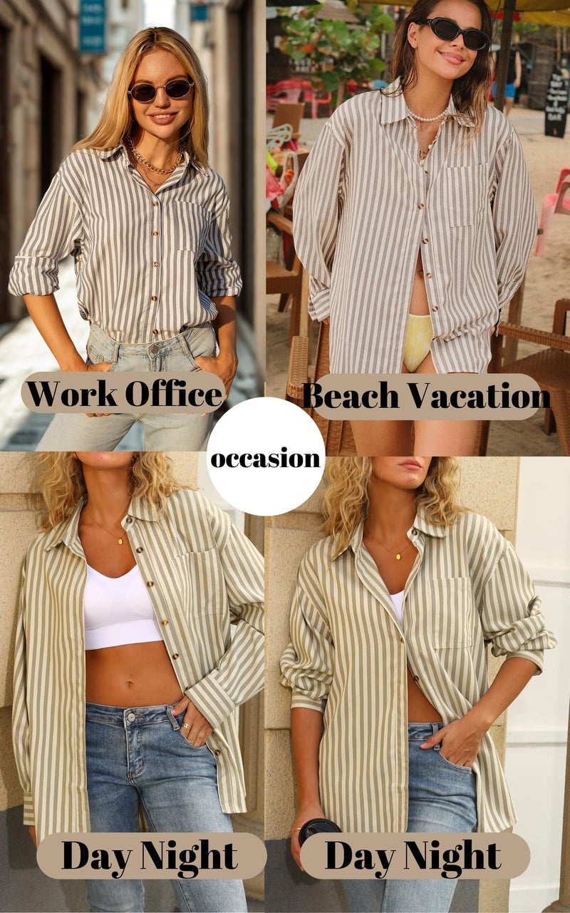 CHYRII Womens Striped Button Down Shirt Casual Long Sleeve Blouse Top Olive Green S - Image 4