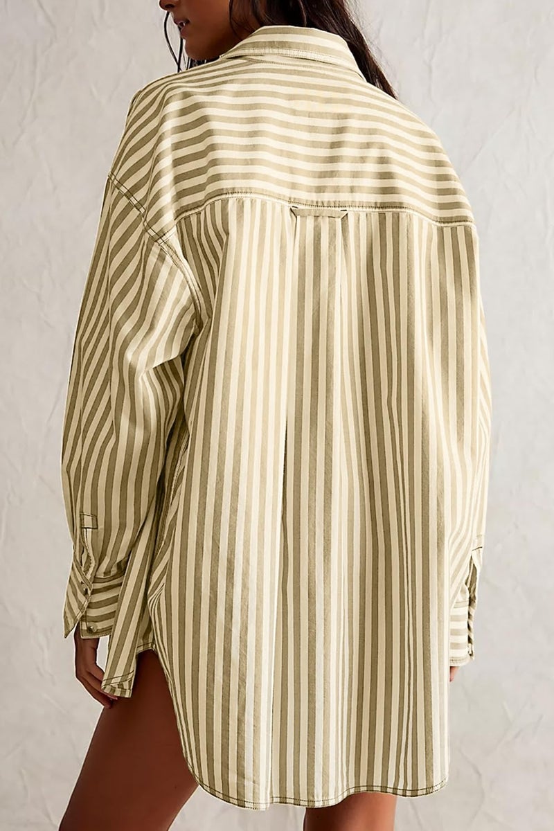 CHYRII Womens Striped Button Down Shirt Casual Long Sleeve Blouse Top Olive Green S - Image 5
