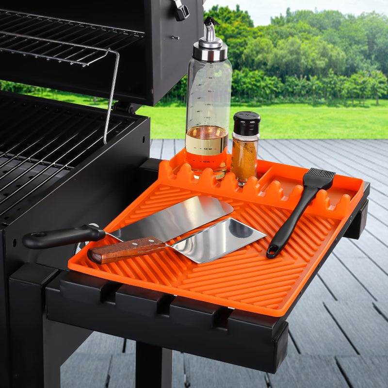 Find law Silicone Tools Mat for Griddle Kitchen Cooking Baking Countertop-Side Shelf Spatula Mat with Drip Pad for Blackstone Weber Traeger Pit Boss Flat Top Grill Smoker- BBQ Accessories Gifts for Men(Orange) - Image 1