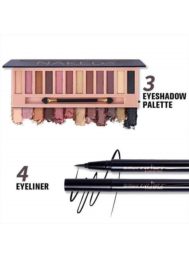 All in One Makeup Kit,12 Colors Nude Shimmer Eyeshadow Palette, Waterproof Black Eyeliner Pencil, Duo Pressed Eyebrow Powder Kit, 5 Brushes With Quicksand Cosmetic Bag Gift Set