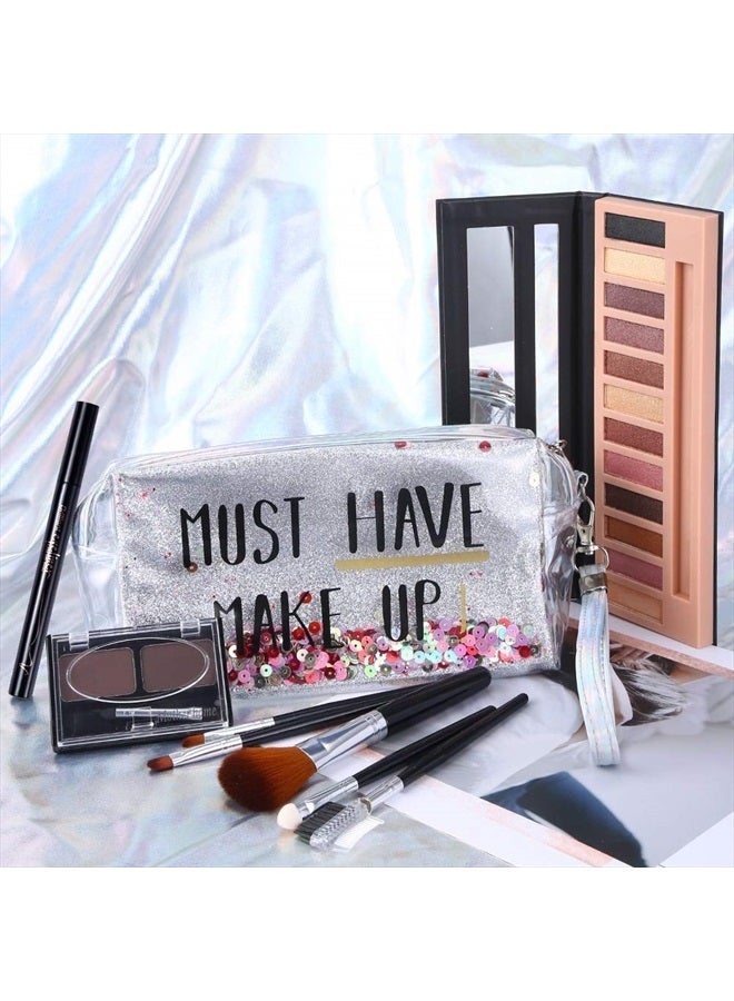 QiBest All in One Makeup Kit,12 Colors Nude Shimmer Eyeshadow Palette, Waterproof Black Eyeliner Pencil, Duo Pressed Eyebrow Powder Kit, 5 Brushes With Quicksand Cosmetic Bag Gift Set - Image 2