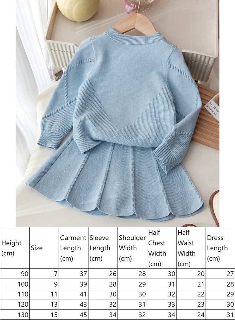 انسولار ملابس دافئة للبنات ، طقم شتوي دافئ مكون من قطعتين مصنوع من الصوف المحبوك، كنزة صوفية بفيونكة وتنورة مطوية، مريحة ولينة وصديقة للبشرة - Image 2