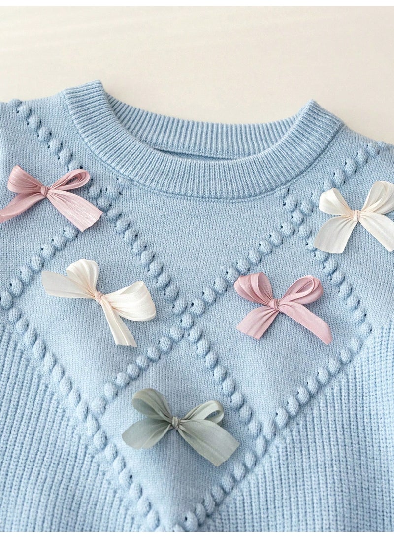 انسولار ملابس دافئة للبنات ، طقم شتوي دافئ مكون من قطعتين مصنوع من الصوف المحبوك، كنزة صوفية بفيونكة وتنورة مطوية، مريحة ولينة وصديقة للبشرة - Image 3