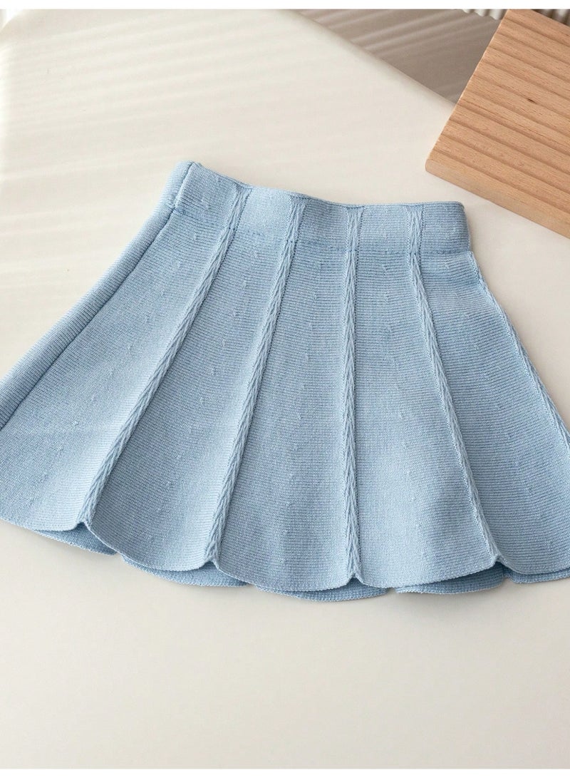 انسولار ملابس دافئة للبنات ، طقم شتوي دافئ مكون من قطعتين مصنوع من الصوف المحبوك، كنزة صوفية بفيونكة وتنورة مطوية، مريحة ولينة وصديقة للبشرة - Image 4