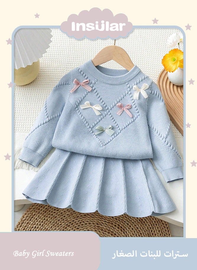 انسولار ملابس دافئة للبنات ، طقم شتوي دافئ مكون من قطعتين مصنوع من الصوف المحبوك، كنزة صوفية بفيونكة وتنورة مطوية، مريحة ولينة وصديقة للبشرة - Image 1