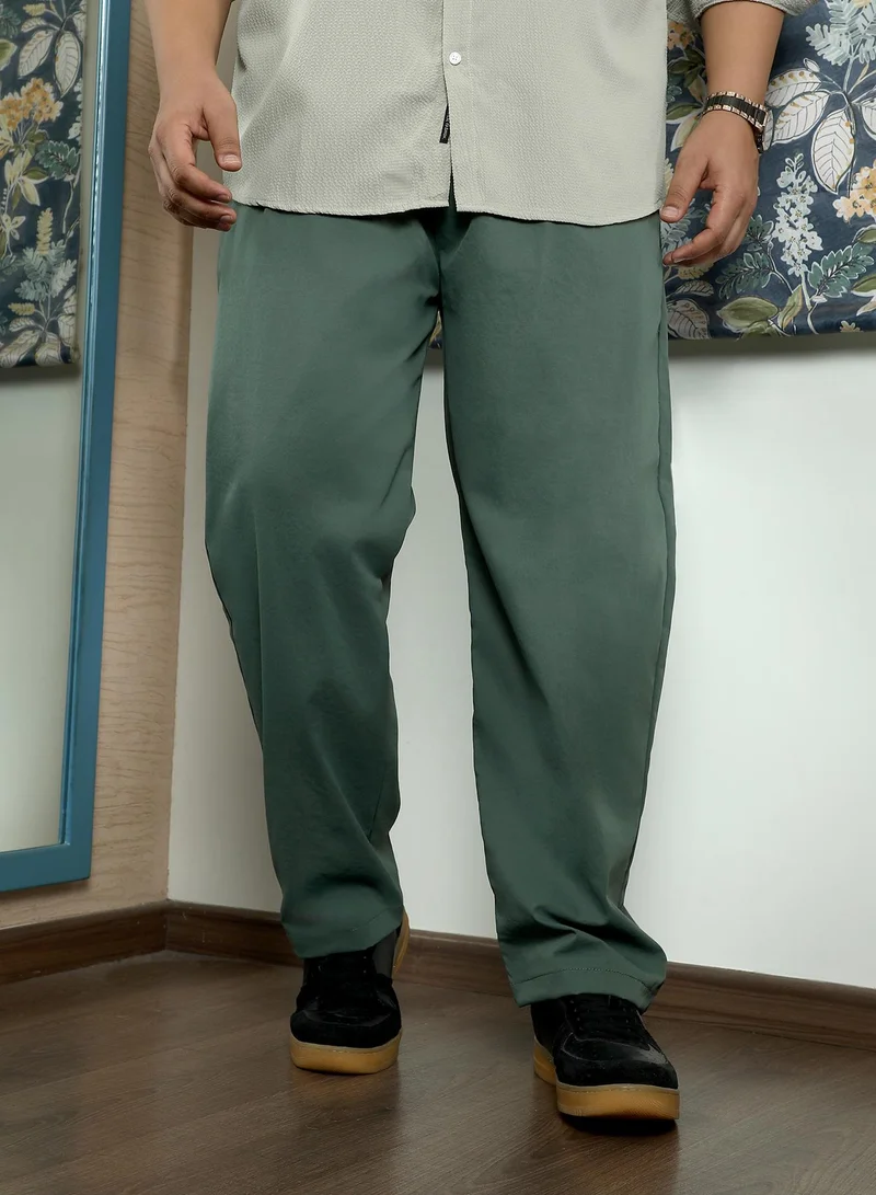 Instafab Plus Instafab Plus Men's Emerald Green Double-Pleated Tailored Trousers | Mid Rise , Straight Hem , Button Closure | Solid Plain Polyester Blend Material For Office & Casual Wear