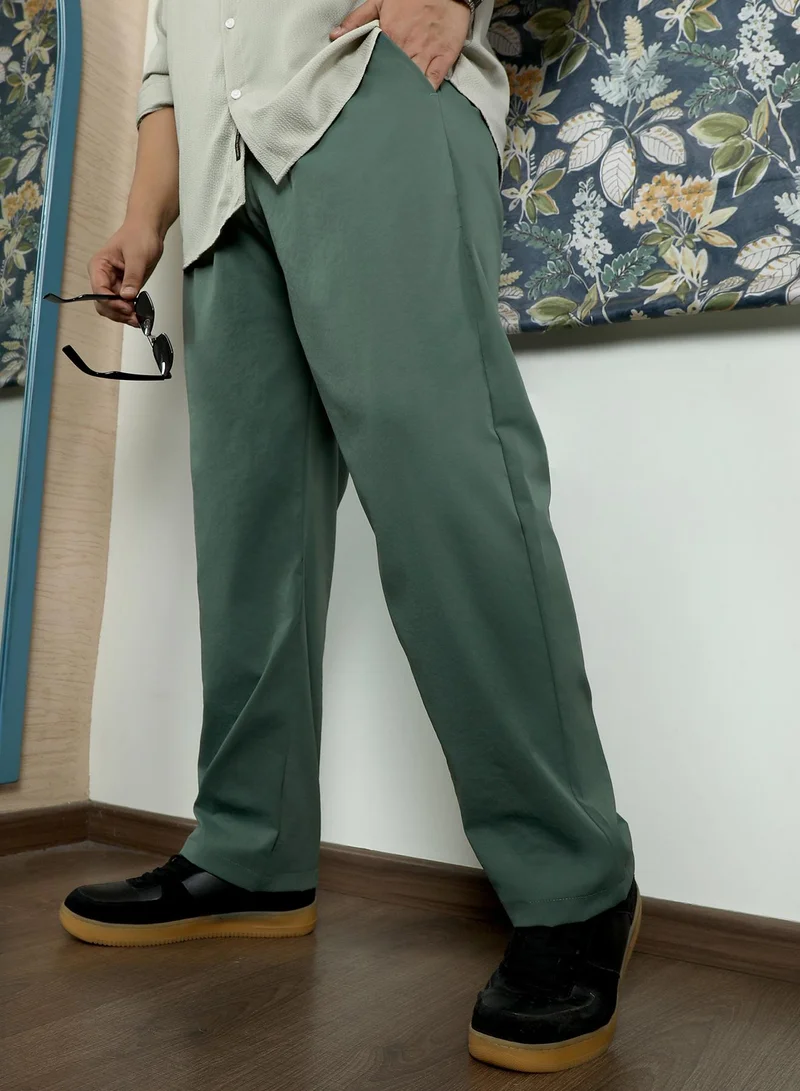 Instafab Plus Instafab Plus Men's Emerald Green Double-Pleated Tailored Trousers | Mid Rise , Straight Hem , Button Closure | Solid Plain Polyester Blend Material For Office & Casual Wear