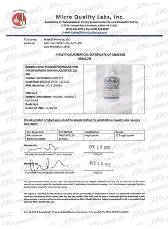 MAAC10 Formulas Nicotinamide Mononucleotide Supplement (NMN 125mg Capsules-30 Count)