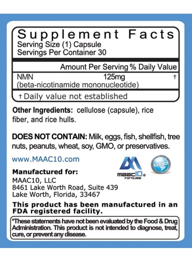 MAAC10 Formulas Nicotinamide Mononucleotide Supplement (NMN 125mg Capsules-30 Count)
