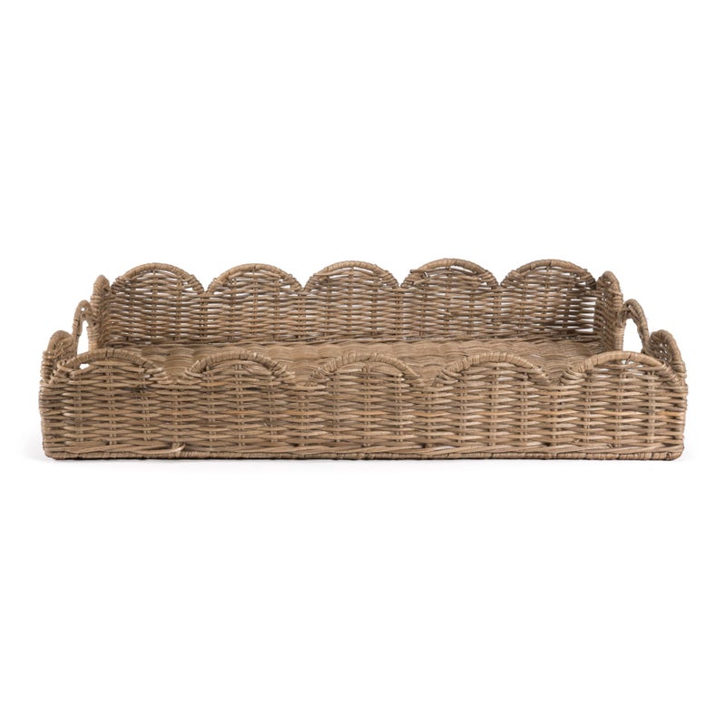 happimess TRY1000A Scalloped 21.5" Southwestern Cottage Hand-Woven Rattan Tray with Handles for Storage,Decoration, Display, Coffee Table or Serving Food, Natural - Image 1