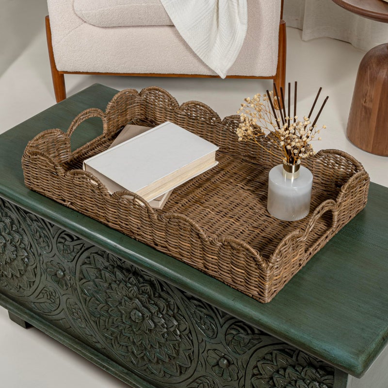 happimess TRY1000A Scalloped 21.5" Southwestern Cottage Hand-Woven Rattan Tray with Handles for Storage,Decoration, Display, Coffee Table or Serving Food, Natural - Image 2