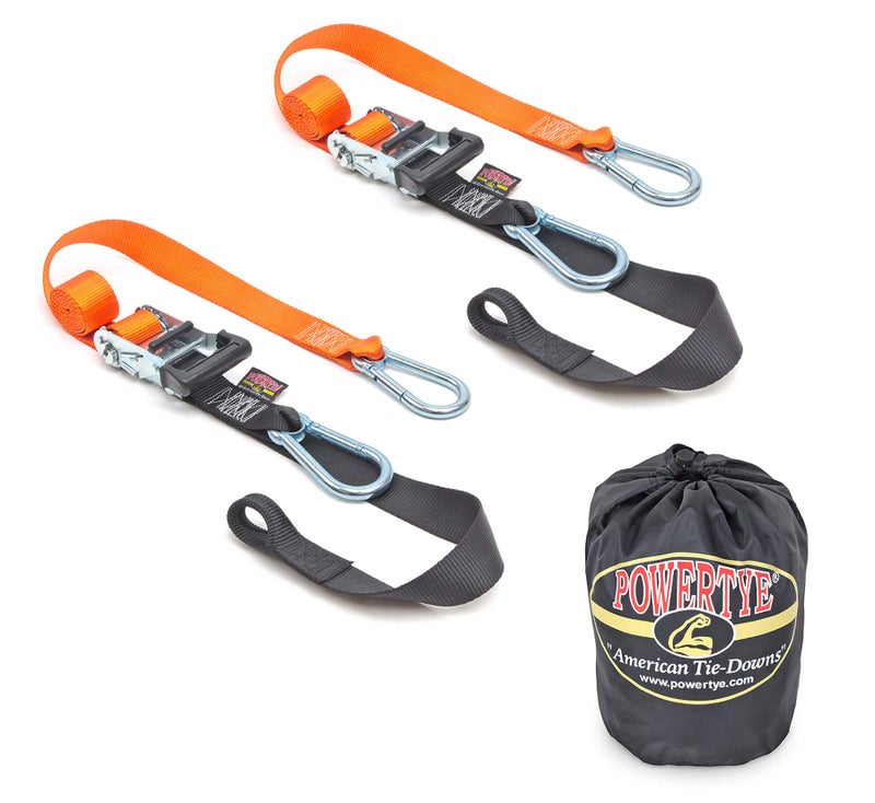 PowerTye 15in x 65ft Heavy Duty Ratchet TieDown Straps with SoftTye Carabiner Hooks 1000 lb Working Load Limit 3000 lb Breaking Strength Made in USA OrangeBlack Pair Storage Bag