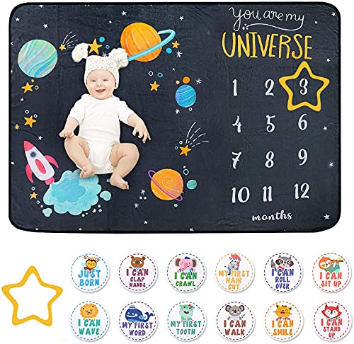 ComboJoy Baby Milestone Blanket for Boy & Girl - 60"x40" Large Monthly Baby Milestone Blanket with 12 Animal Stickers | Space Theme Personalized Growth Tracker | Soft Flannel, Machine Washable - Image 1