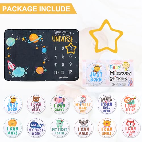 ComboJoy Baby Milestone Blanket for Boy & Girl - 60"x40" Large Monthly Baby Milestone Blanket with 12 Animal Stickers | Space Theme Personalized Growth Tracker | Soft Flannel, Machine Washable - Image 4