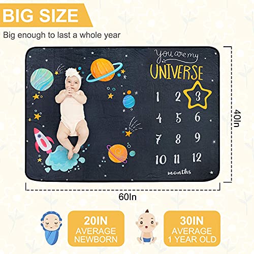 ComboJoy Baby Milestone Blanket for Boy & Girl - 60"x40" Large Monthly Baby Milestone Blanket with 12 Animal Stickers | Space Theme Personalized Growth Tracker | Soft Flannel, Machine Washable - Image 3