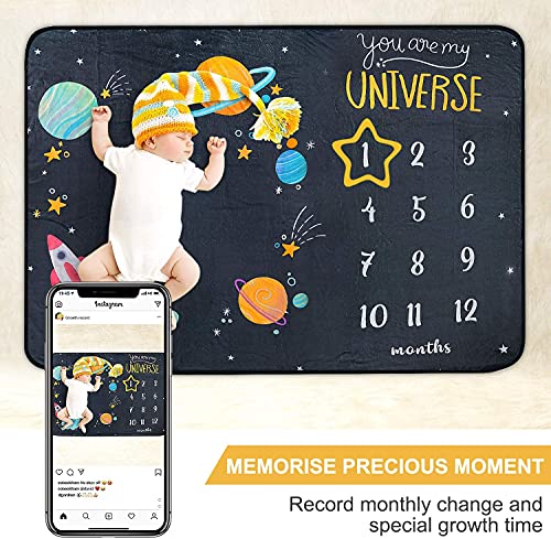 ComboJoy Baby Milestone Blanket for Boy & Girl - 60"x40" Large Monthly Baby Milestone Blanket with 12 Animal Stickers | Space Theme Personalized Growth Tracker | Soft Flannel, Machine Washable - Image 2