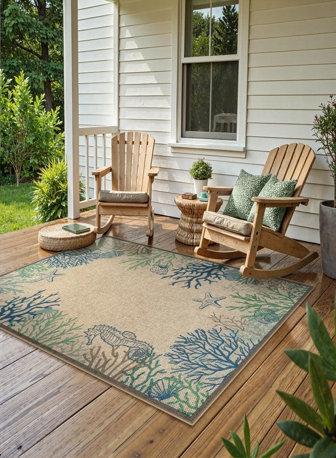 لايف بوكس سجادة لايف بوكس العصرية المصنوعة من الجوت، مقاس 3 × 5 أقدام، مناسبة للباحات الخارجية، قابلة للغسل، مناسبة للمداخل والشرفات، سجادة بنمط حيوانات ساحلية، سجادة باب أمامي مانعة للانزلاق، مناسبة للمداخل الخارجية والداخلية وغرف الضيوف (أزرق 3 × 5 أقدام) - Image 5