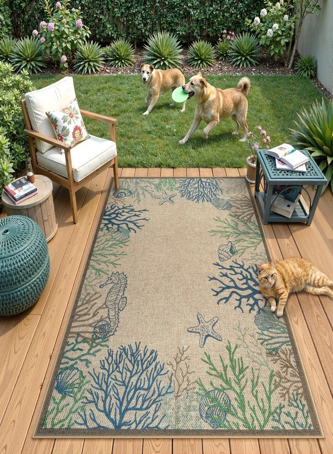 لايف بوكس سجادة لايف بوكس العصرية المصنوعة من الجوت، مقاس 3 × 5 أقدام، مناسبة للباحات الخارجية، قابلة للغسل، مناسبة للمداخل والشرفات، سجادة بنمط حيوانات ساحلية، سجادة باب أمامي مانعة للانزلاق، مناسبة للمداخل الخارجية والداخلية وغرف الضيوف (أزرق 3 × 5 أقدام) - Image 4