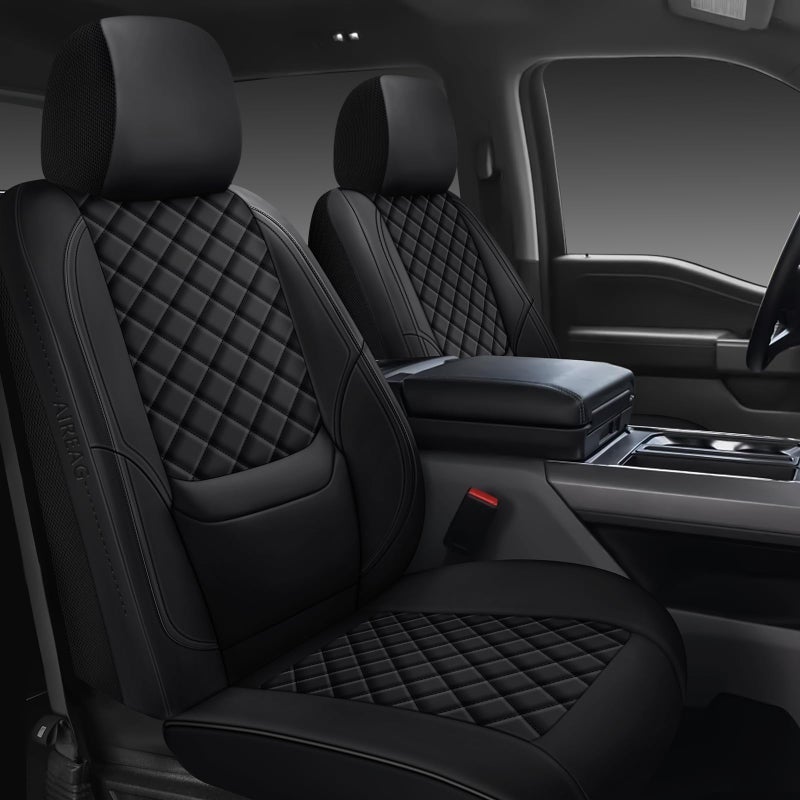 WENNFOUR F150 Seat Covers 2015-2026 Full Set, Truck Interior Sets with Lumbar Support Custom Fit for Ford F150 2015-2026, F250/F350/F450 2017-2026 Super Duty Crew Cab XLT XL Lariat Platinum, Black - Image 1