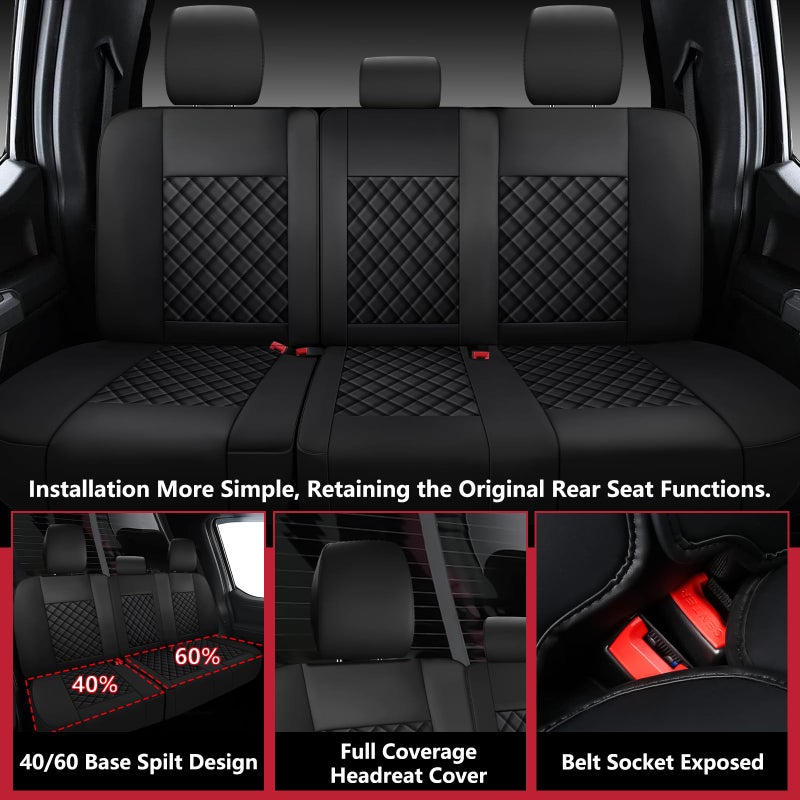 WENNFOUR F150 Seat Covers 2015-2026 Full Set, Truck Interior Sets with Lumbar Support Custom Fit for Ford F150 2015-2026, F250/F350/F450 2017-2026 Super Duty Crew Cab XLT XL Lariat Platinum, Black - Image 3