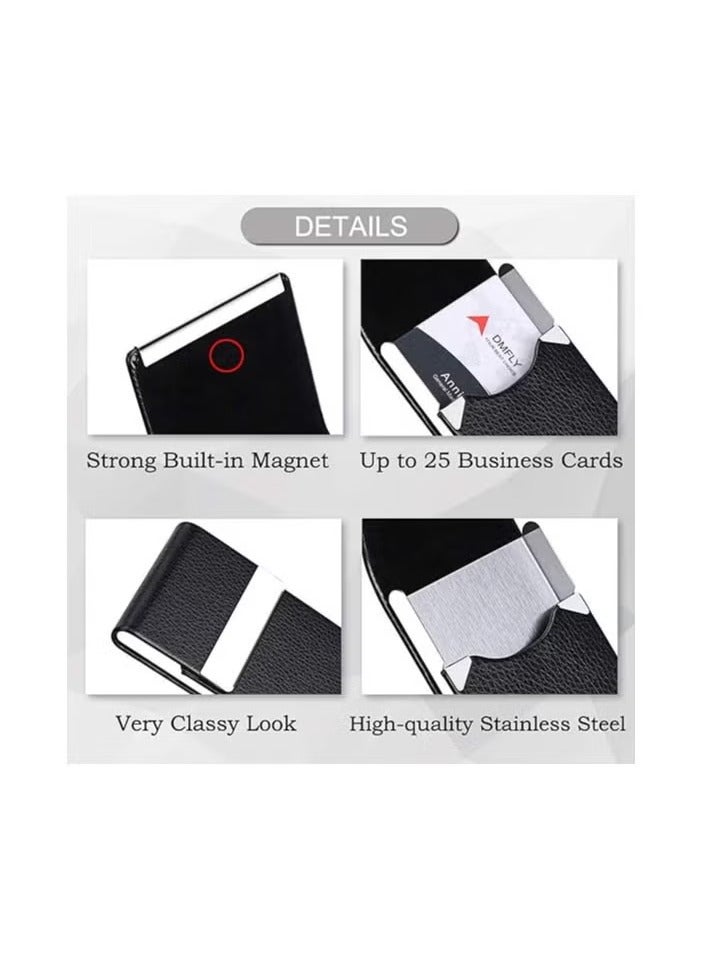 حافظة حامل بطاقات العمل، حامل بطاقات العمل الاحترافي من الجلد الصناعي من DELFINO باللون الأسود، حامل بطاقات اسم معدني فاخر مع قفل مغناطيسي، حافظة بطاقات ائتمان هوية للرجال والنساء، أفضل هدية - Image 4