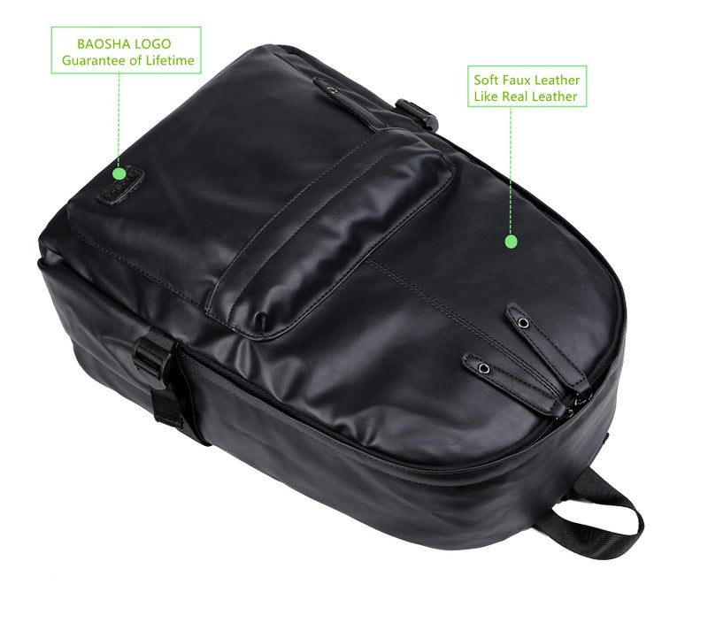 Baosha BP-08 Unisex PU Leather Computer Laptop Bag 15.6 inch Backpack Shoulder Bags Travel Hiking Rucksack Casual Daypack Black - Image 5