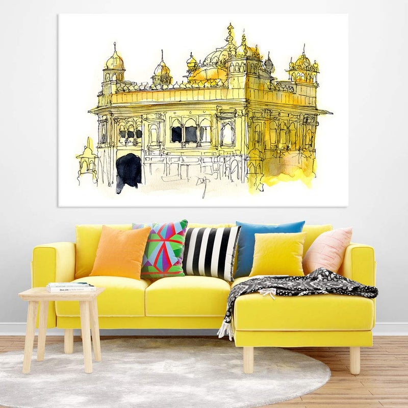 Inephos Unframed Canvas Painting Golden Temple Amritsar Illustration Art Wall Painting for Living Room Bedroom Office Hotels Drawing Room 91cm X 61cm Multi
