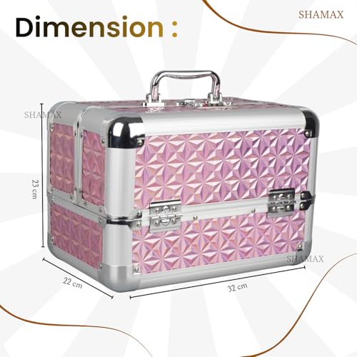 SHAMAX® Mettalic Professional Vanity Case 4 Trays with Adjustale Dividers Makeup Case for Makeup Artist with Lock and Compartments Wedding Bride/Gifting/sagai (Large Capacity) (5M/Pink) - Image 2