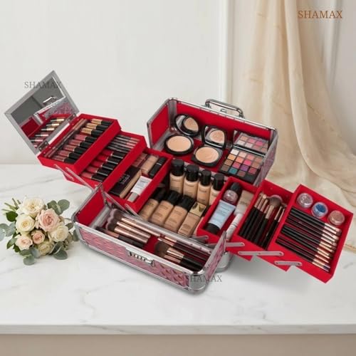 SHAMAX® Mettalic Professional Vanity Case 4 Trays with Adjustale Dividers Makeup Case for Makeup Artist with Lock and Compartments Wedding Bride/Gifting/sagai (Large Capacity) (5M/Pink) - Image 5