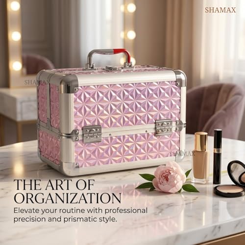 SHAMAX® Mettalic Professional Vanity Case 4 Trays with Adjustale Dividers Makeup Case for Makeup Artist with Lock and Compartments Wedding Bride/Gifting/sagai (Large Capacity) (5M/Pink) - Image 4