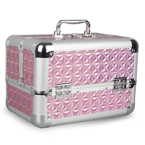 SHAMAX® Mettalic Professional Vanity Case 4 Trays with Adjustale Dividers Makeup Case for Makeup Artist with Lock and Compartments Wedding Bride/Gifting/sagai (Large Capacity) (5M/Pink) - Image 1