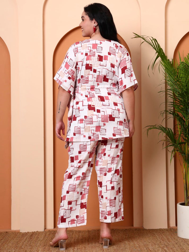 Yash Gallery Women’s Cotton Blend Printed Kaftan Style Top with Drawstring Waist & Straight Pants Night Suit Set (White) - Image 4