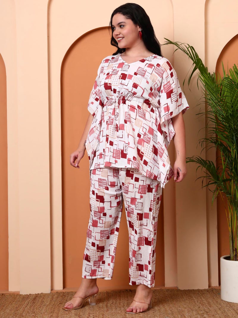 Yash Gallery Women’s Cotton Blend Printed Kaftan Style Top with Drawstring Waist & Straight Pants Night Suit Set (White) - Image 3