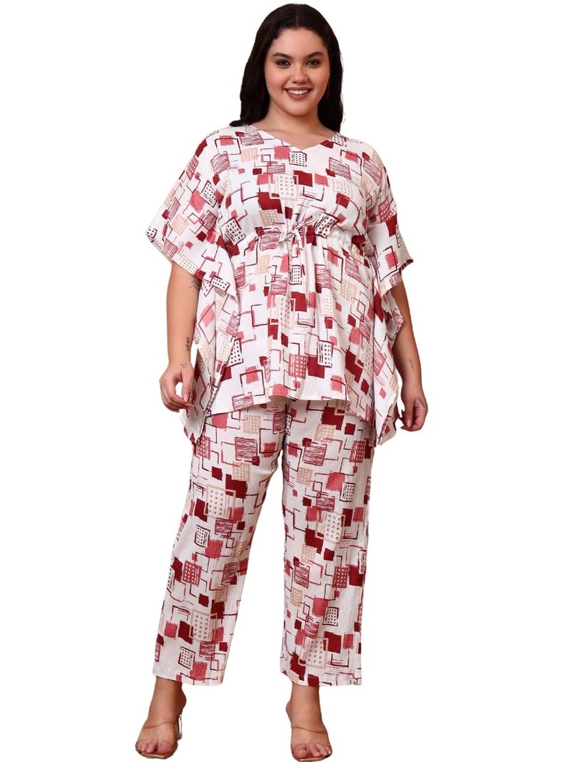 Yash Gallery Women’s Cotton Blend Printed Kaftan Style Top with Drawstring Waist & Straight Pants Night Suit Set (White) - Image 1