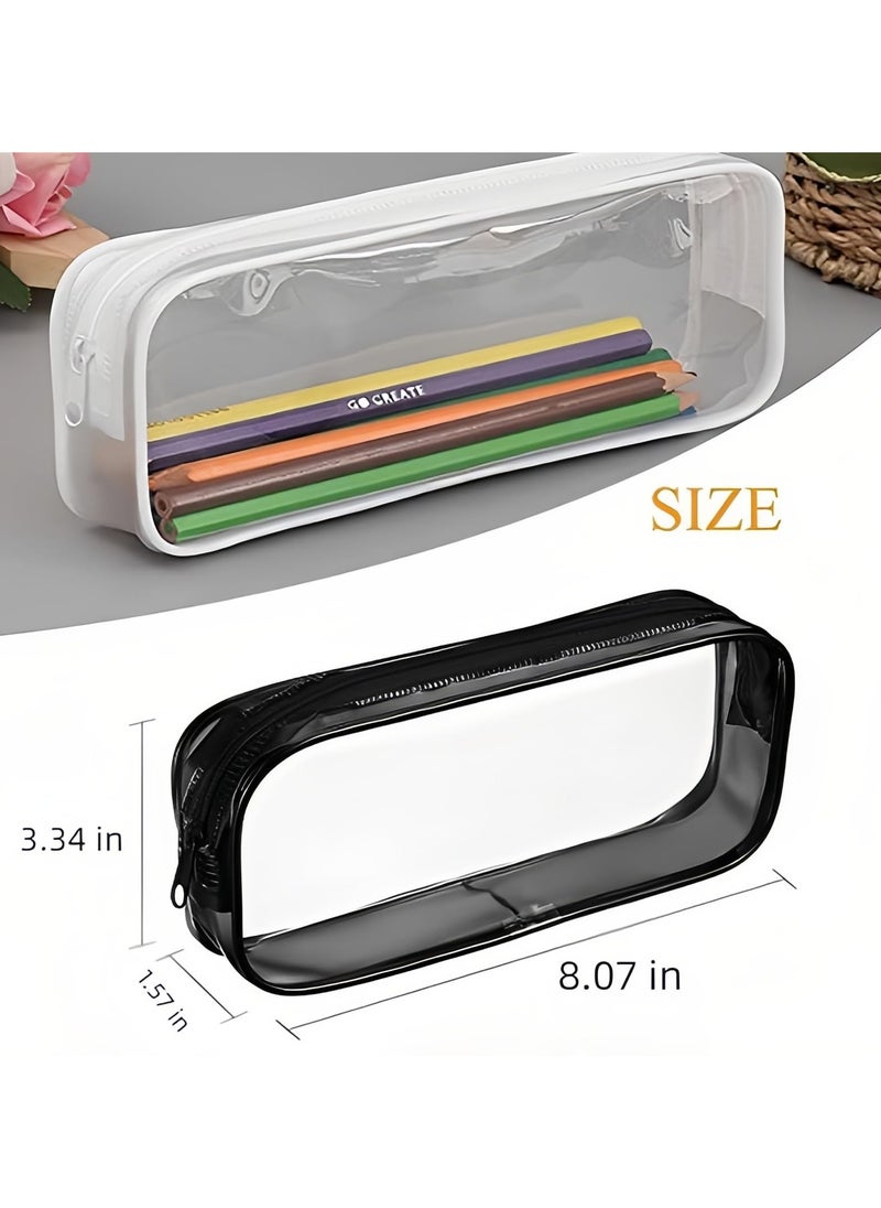KHAJUL 2 PCS Pencil Case, Clear Pencil Bag, PVC Pencil Holder Bag with Zipper, Transparent Stationery Cases (White/Black)  - Image 2