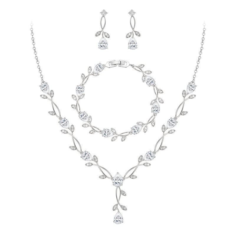 EVER FAITH Wedding Jewelry Set for Bride Bridesmaid, White-Gold-Plated-Brass Teardrop Cubic Zirconia Leaf Vine Bridal Prom Necklace Dangle Earrings Bracelet Sets for Women - Image 1