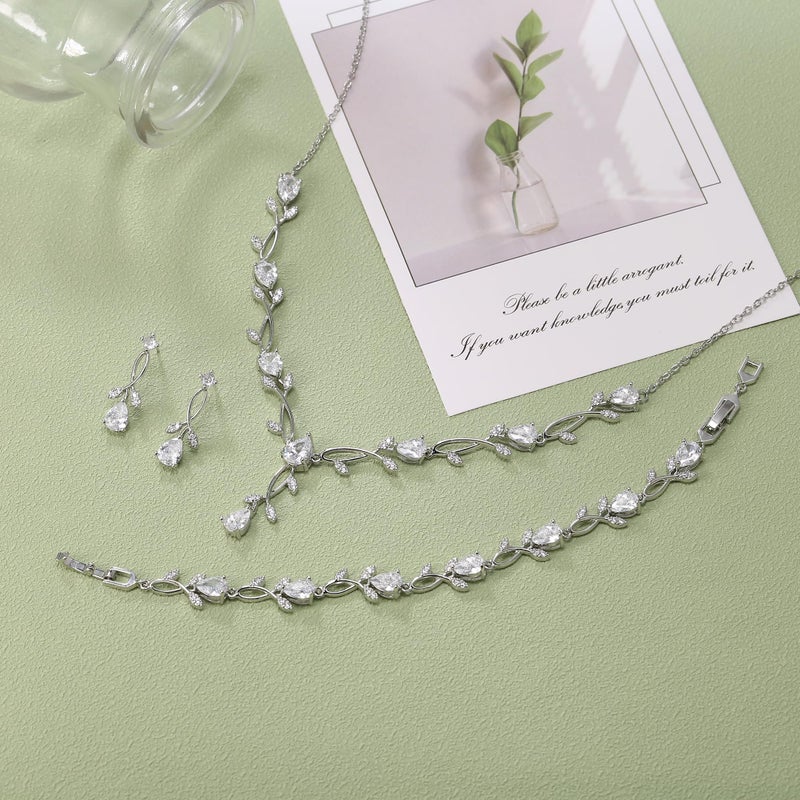 EVER FAITH Wedding Jewelry Set for Bride Bridesmaid, White-Gold-Plated-Brass Teardrop Cubic Zirconia Leaf Vine Bridal Prom Necklace Dangle Earrings Bracelet Sets for Women - Image 5