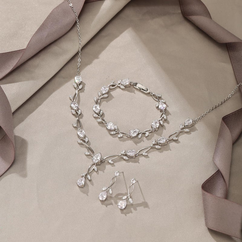 EVER FAITH Wedding Jewelry Set for Bride Bridesmaid, White-Gold-Plated-Brass Teardrop Cubic Zirconia Leaf Vine Bridal Prom Necklace Dangle Earrings Bracelet Sets for Women - Image 4