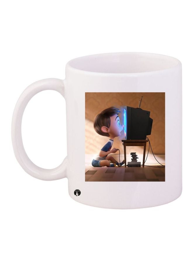 Cartoon Boy Printed Coffee Mug White/Brown/Blue 11ounce