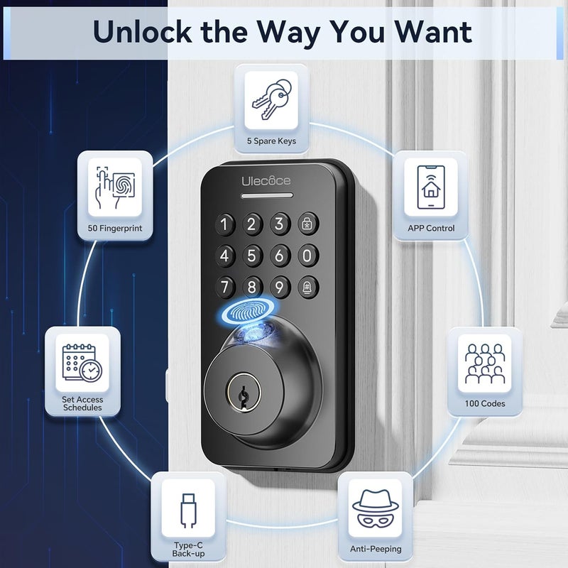 Ulecoce Fingerprint Keypad Deadbolt with Handle Set, Keyless Entry Door Lock, Door Locks for Front Door Lock Set, App Control, Auto Locking, Easy to Install, Matte Black - Image 2