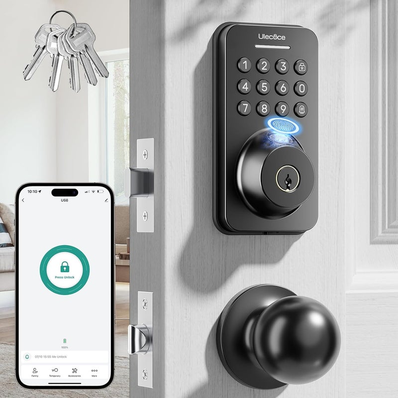 Ulecoce Fingerprint Keypad Deadbolt with Handle Set, Keyless Entry Door Lock, Door Locks for Front Door Lock Set, App Control, Auto Locking, Easy to Install, Matte Black - Image 1