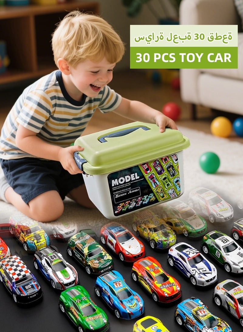 DPTER 30 Pcs Pull Back Toy Cars Set with Storage Box, Portable Racing Cars, Colorful Toy Car with Different Patterns, Made of Aluminum Alloy, Suitable for Boys and Girls of All Ages - Image 1