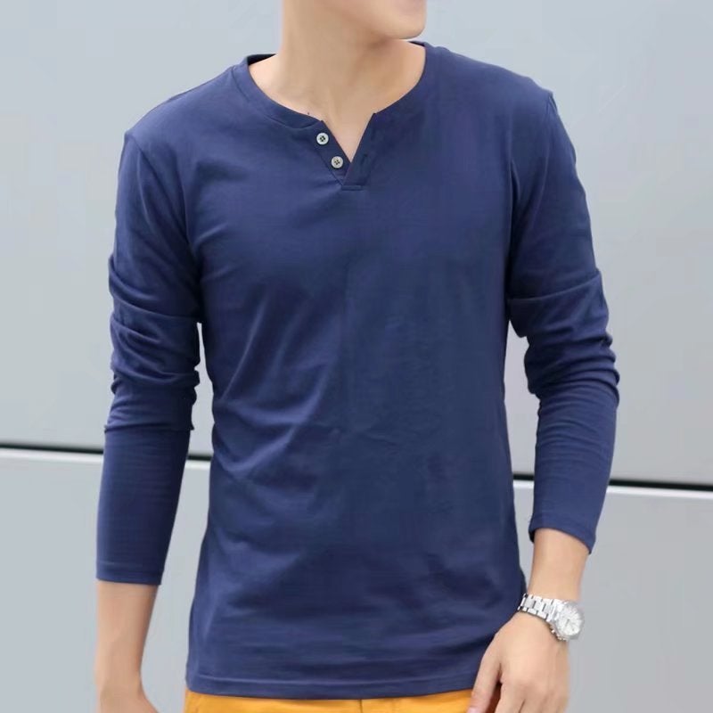Hong Kong-Style Long-Sleeved T-Shirt Men'S V-Neck T-Shirt Autumn Clothes Base Shirt Men'S Simple Interior All-Match Solid Color Top - Image 1