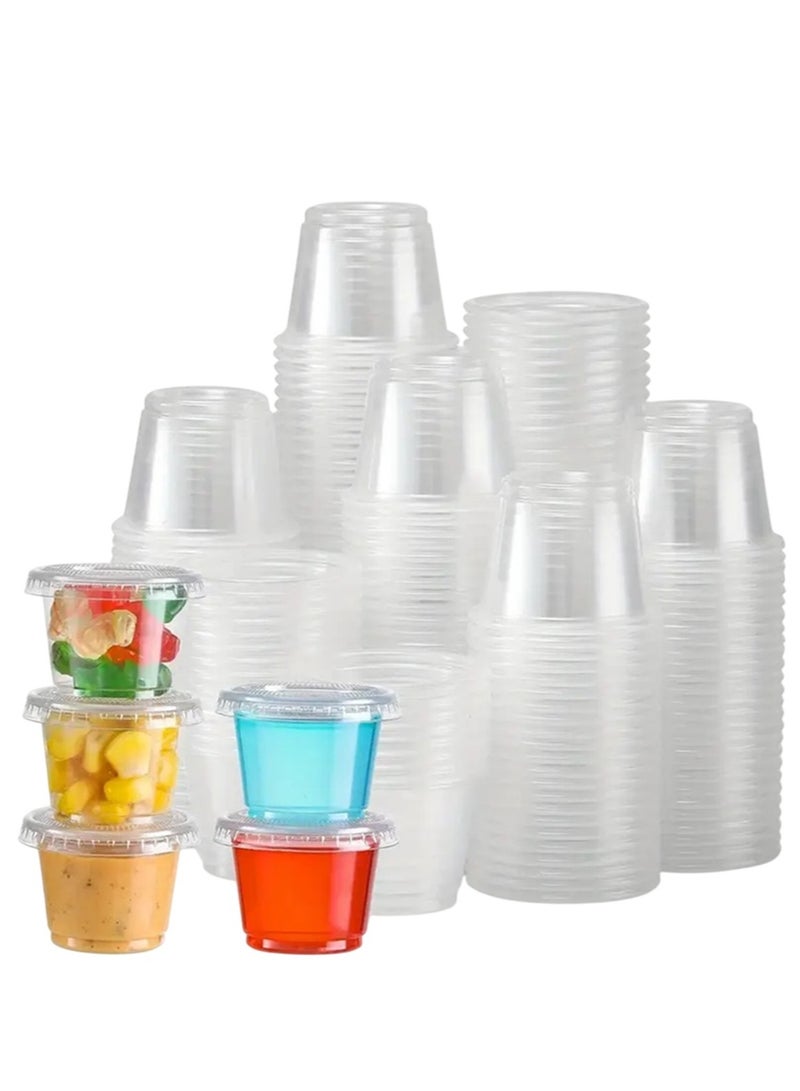 لافيش ١٠٠ كوب بلاستيكي بأغطية، سعة ١ أونصة - ٣٠ مل | أكواب صغيرة للاستخدام مرة واحدة للصلصات والصلصات والسلطة والوجبات الخفيفة وتحضير الوجبات | مانعة للتسرب، قابلة للتكديس، متينة، قابلة لإعادة الاستخدام - Image 1