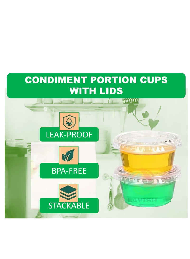 لافيش ١٠٠ كوب بلاستيكي بأغطية، سعة ١ أونصة - ٣٠ مل | أكواب صغيرة للاستخدام مرة واحدة للصلصات والصلصات والسلطة والوجبات الخفيفة وتحضير الوجبات | مانعة للتسرب، قابلة للتكديس، متينة، قابلة لإعادة الاستخدام - Image 2