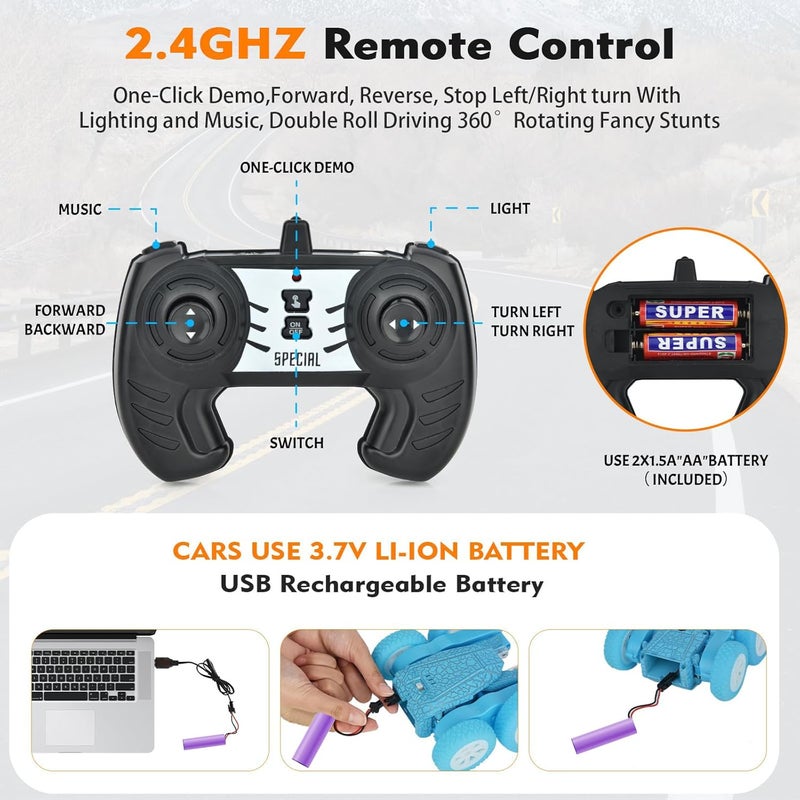 OMIRE Butterfly Remote Control Car for Boys Girls- Double Sided 360 Rotating Flips RC Stunt Car with 10 Lights, Outdoor Toys Birthday Gifts for Kids，Music Remote Control Stunt Car Toys-Blue - Image 4