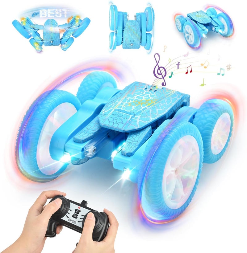 OMIRE Butterfly Remote Control Car for Boys Girls- Double Sided 360 Rotating Flips RC Stunt Car with 10 Lights, Outdoor Toys Birthday Gifts for Kids，Music Remote Control Stunt Car Toys-Blue - Image 1