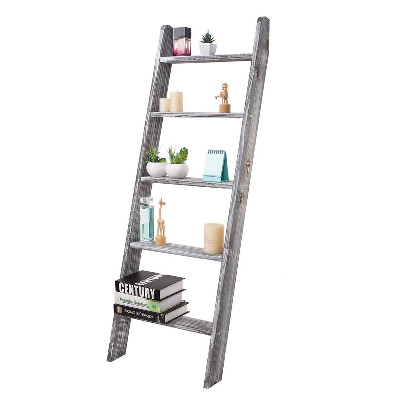 HiddenHomeWor Rustic 5Tier WallLeaning Wood Loadder Towel Racks for Bathroom Livingroom Kithen Office Woden Farmhouse LadderStyle Blanket Rack Multipurpose Organizer Rack for Home Grey